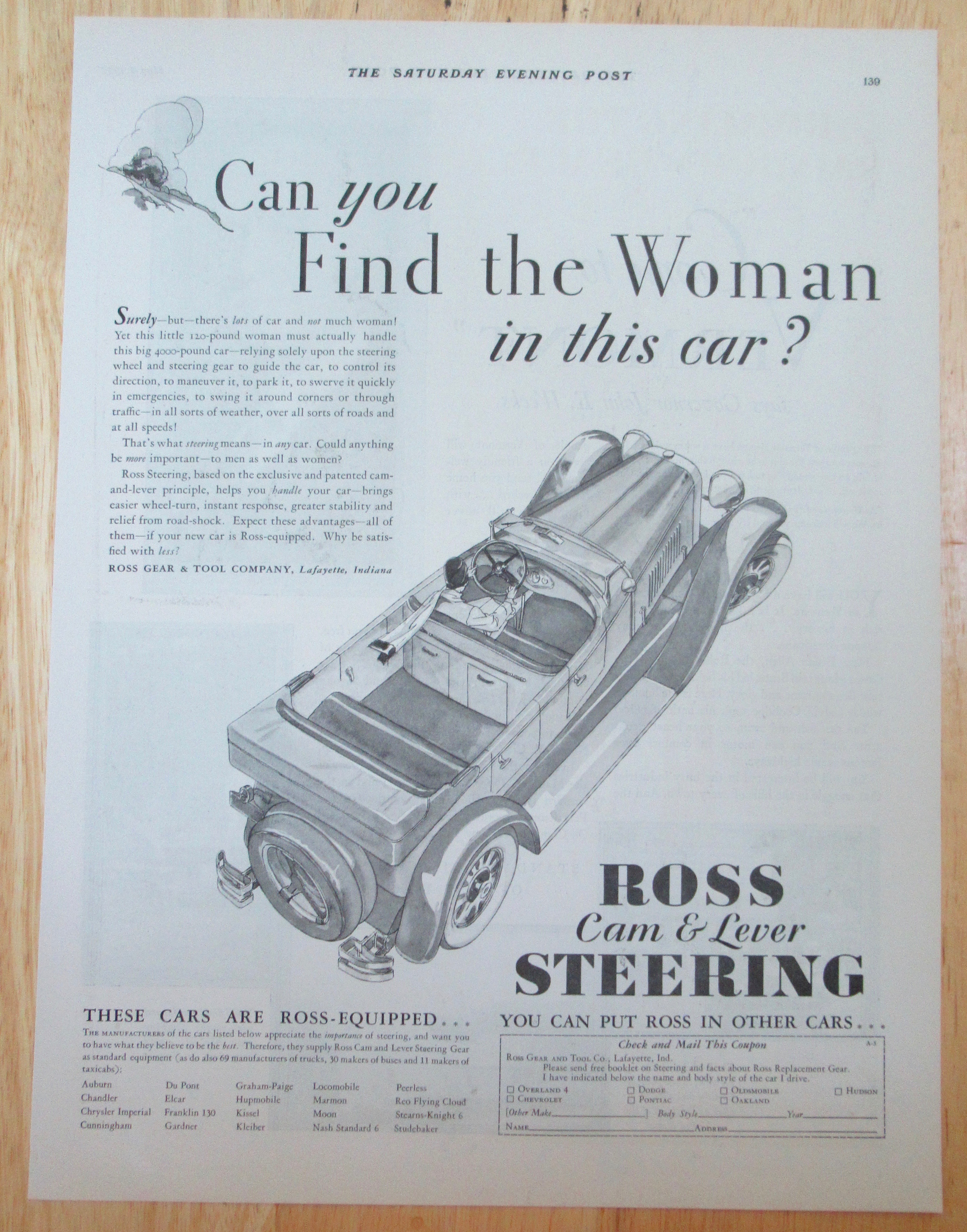 1929 Ross Cam & Lever Steering with Woman Driving Car