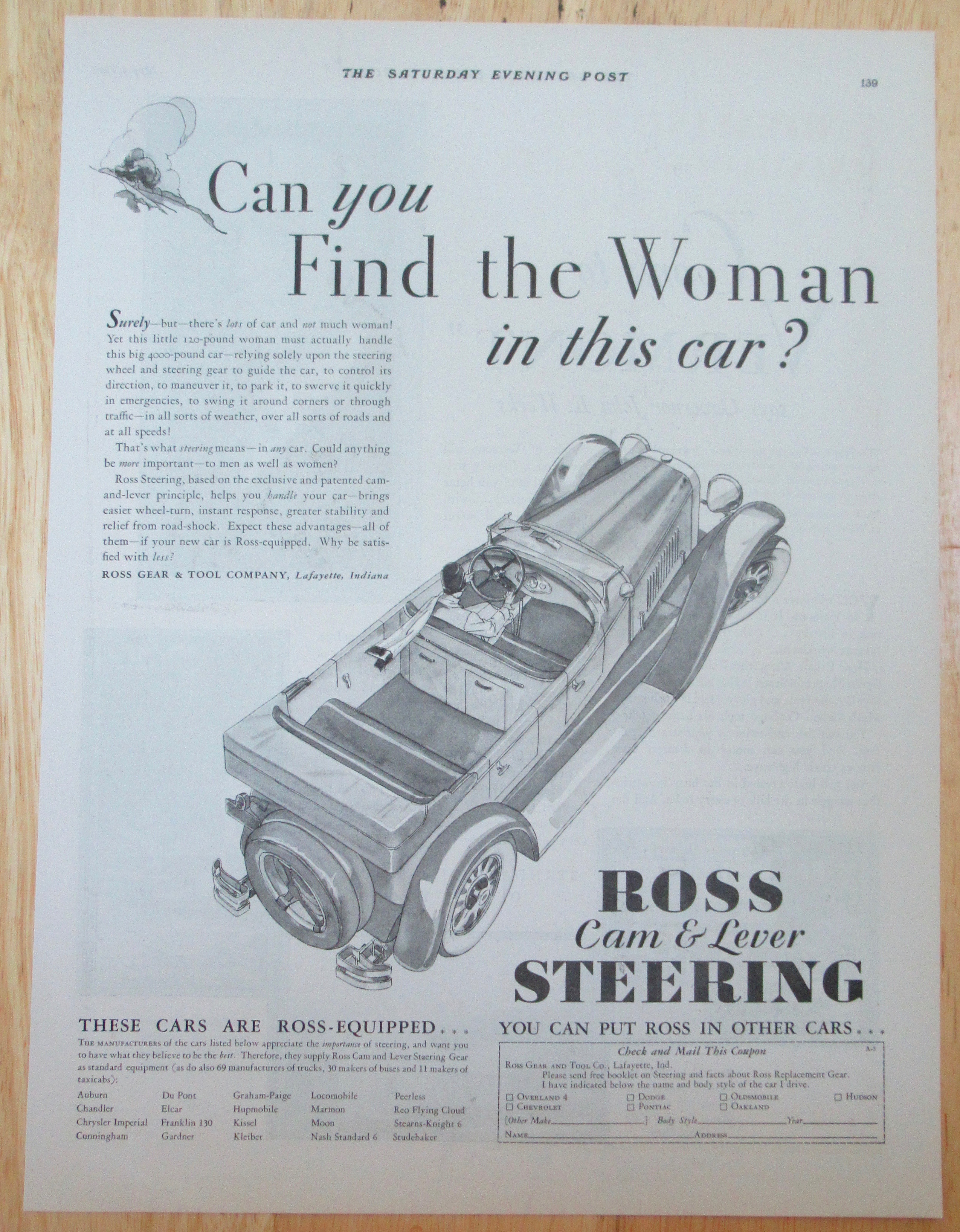 1929 Ross Cam & Lever Steering with Woman Driving Car