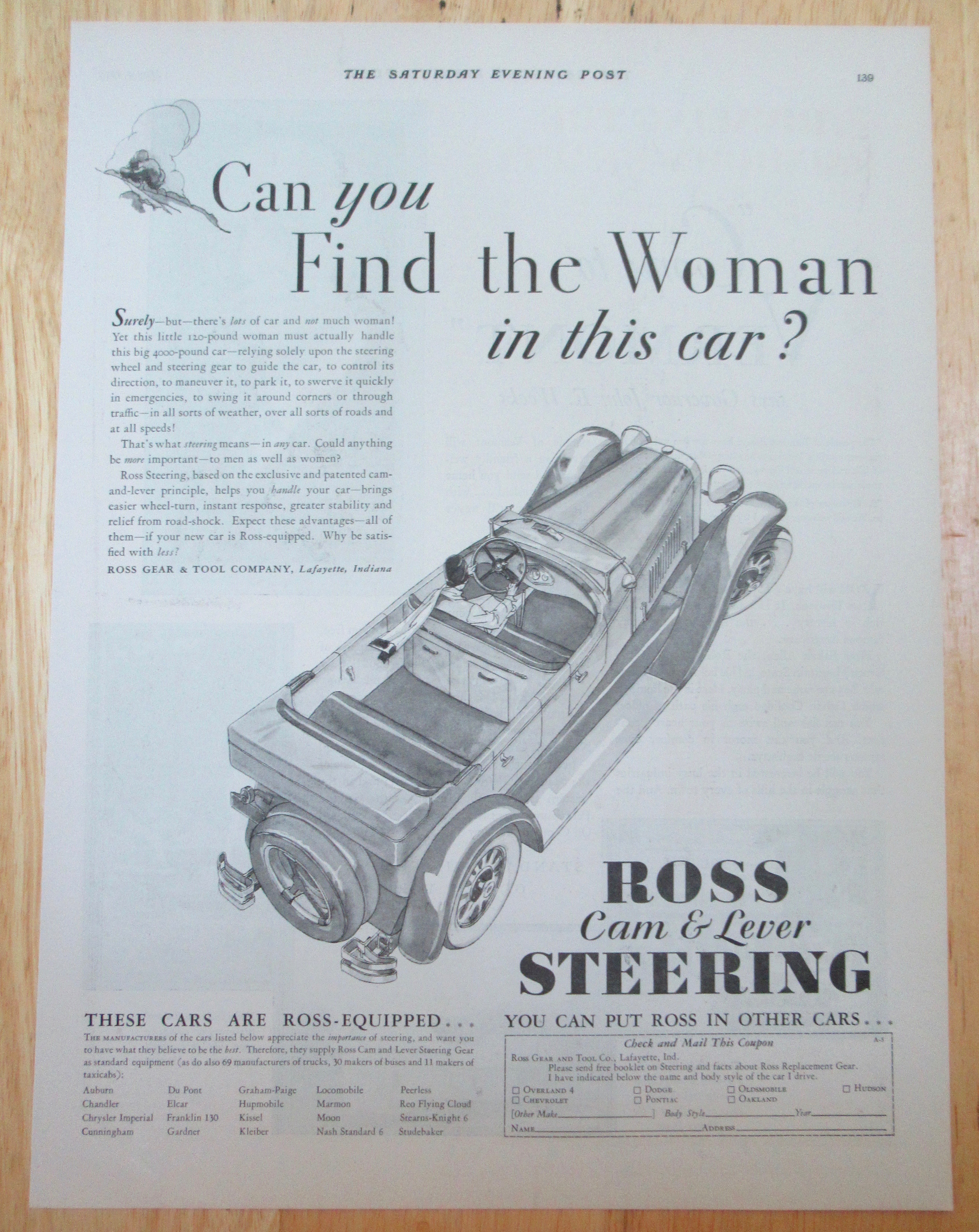 1929 Ross Cam & Lever Steering with Woman Driving Car