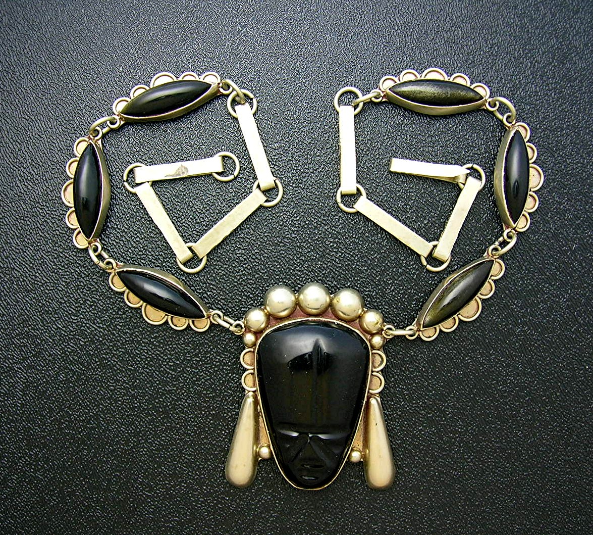 Mexico Vintage Sterling Silver & Onyx Face Necklace