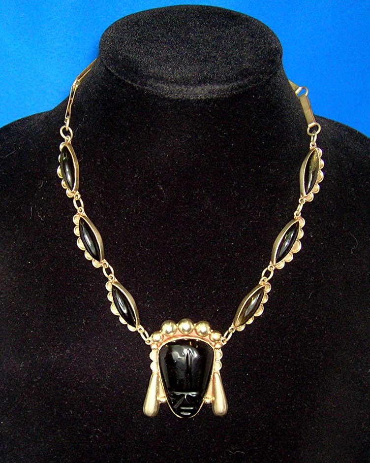 Mexico Vintage Sterling Silver & Onyx Face Necklace