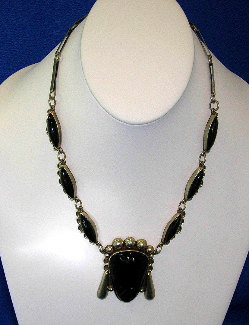 Mexico Vintage Sterling Silver & Onyx Face Necklace