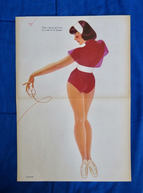 Original 1946 Sexy Pin Up Girl Wearing A Dark Pink Bodysuit While Picking Up The Telephone By George Petty