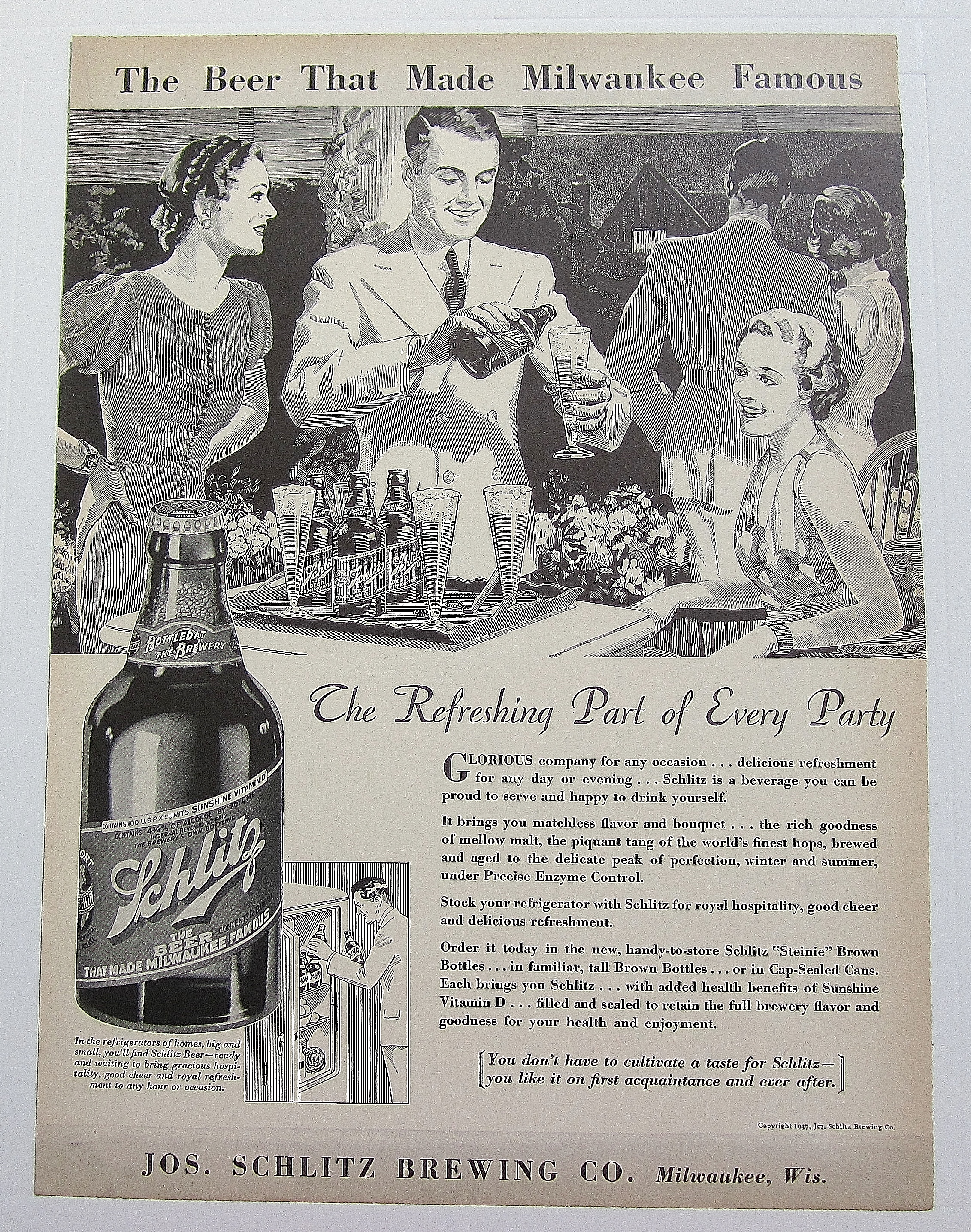 1937 Schlitz Beer With Man Pouring Beer At Party
