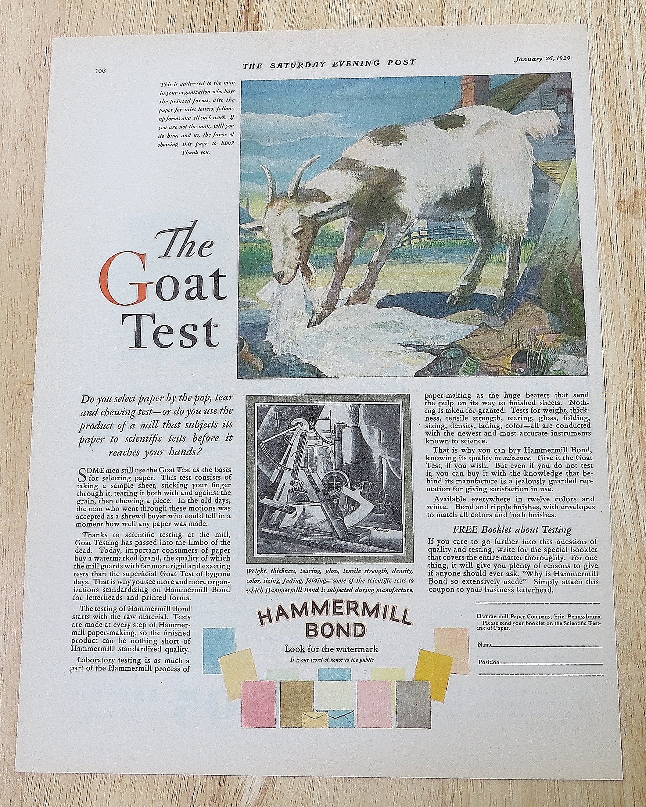 1929 Hammermill Bond With Goat Test