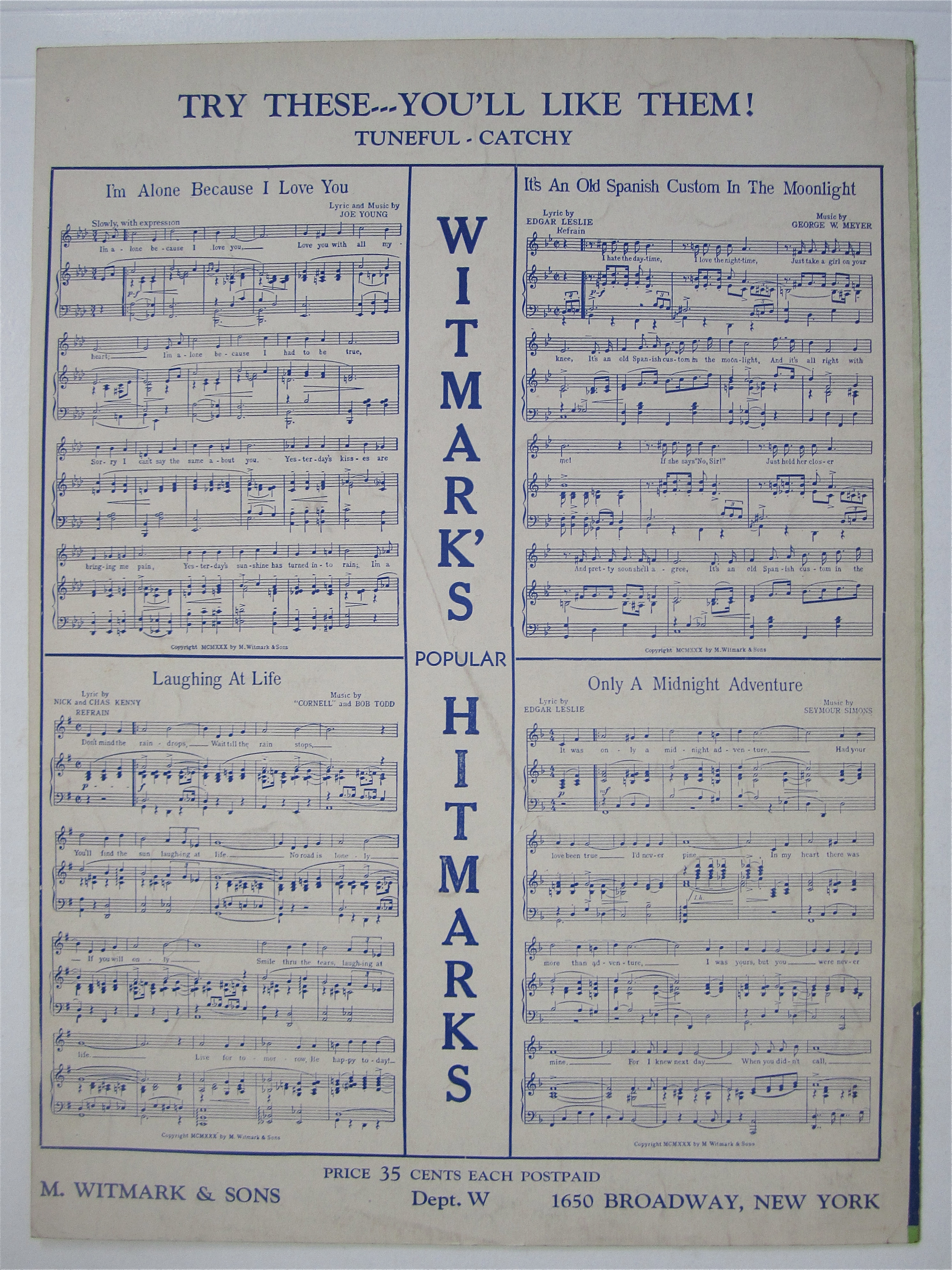 Sheet Music 1930 I'm Alone Because I Love You