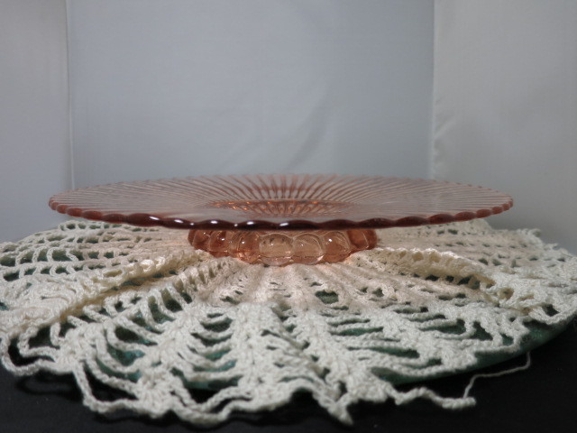 Pink Depression Glass Optic Paneled Ball Footed Tote Plate 12 1/4