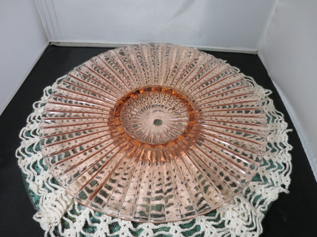 Pink Depression Glass Optic Paneled Ball Footed Tote Plate 12 1/4