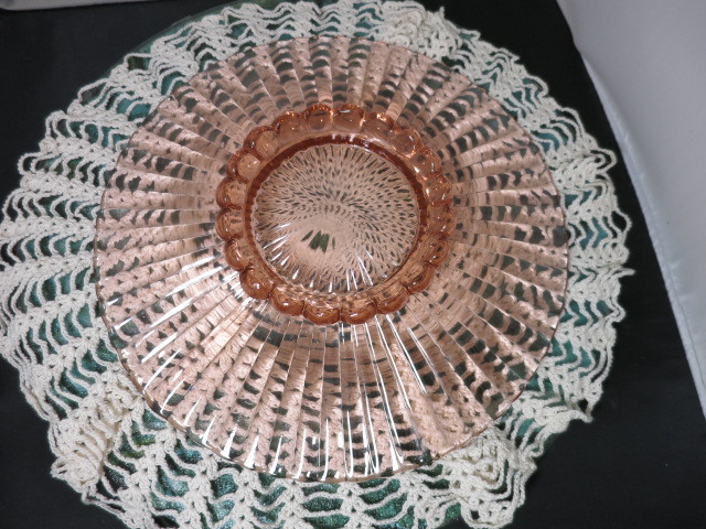 Pink Depression Glass Optic Paneled Ball Footed Tote Plate 12 1/4