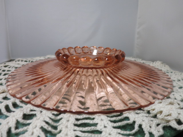 Pink Depression Glass Optic Paneled Ball Footed Tote Plate 12 1/4