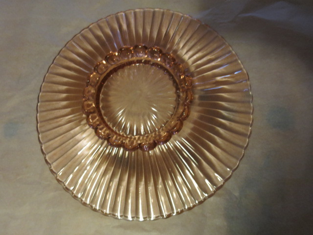 Pink Depression Glass Optic Paneled Ball Footed Tote Plate 12 1/4