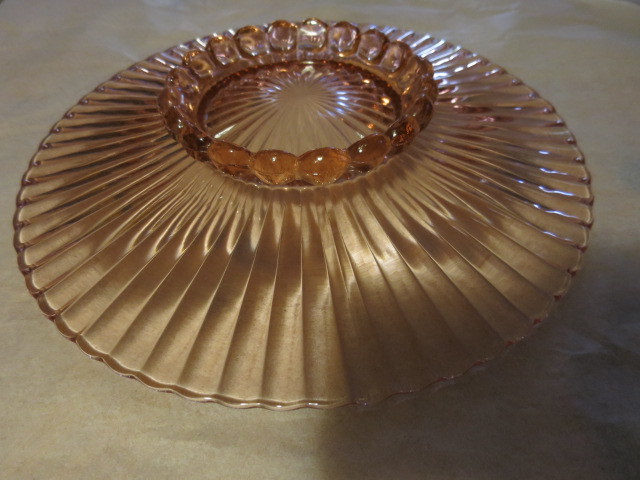 Pink Depression Glass Optic Paneled Ball Footed Tote Plate 12 1/4