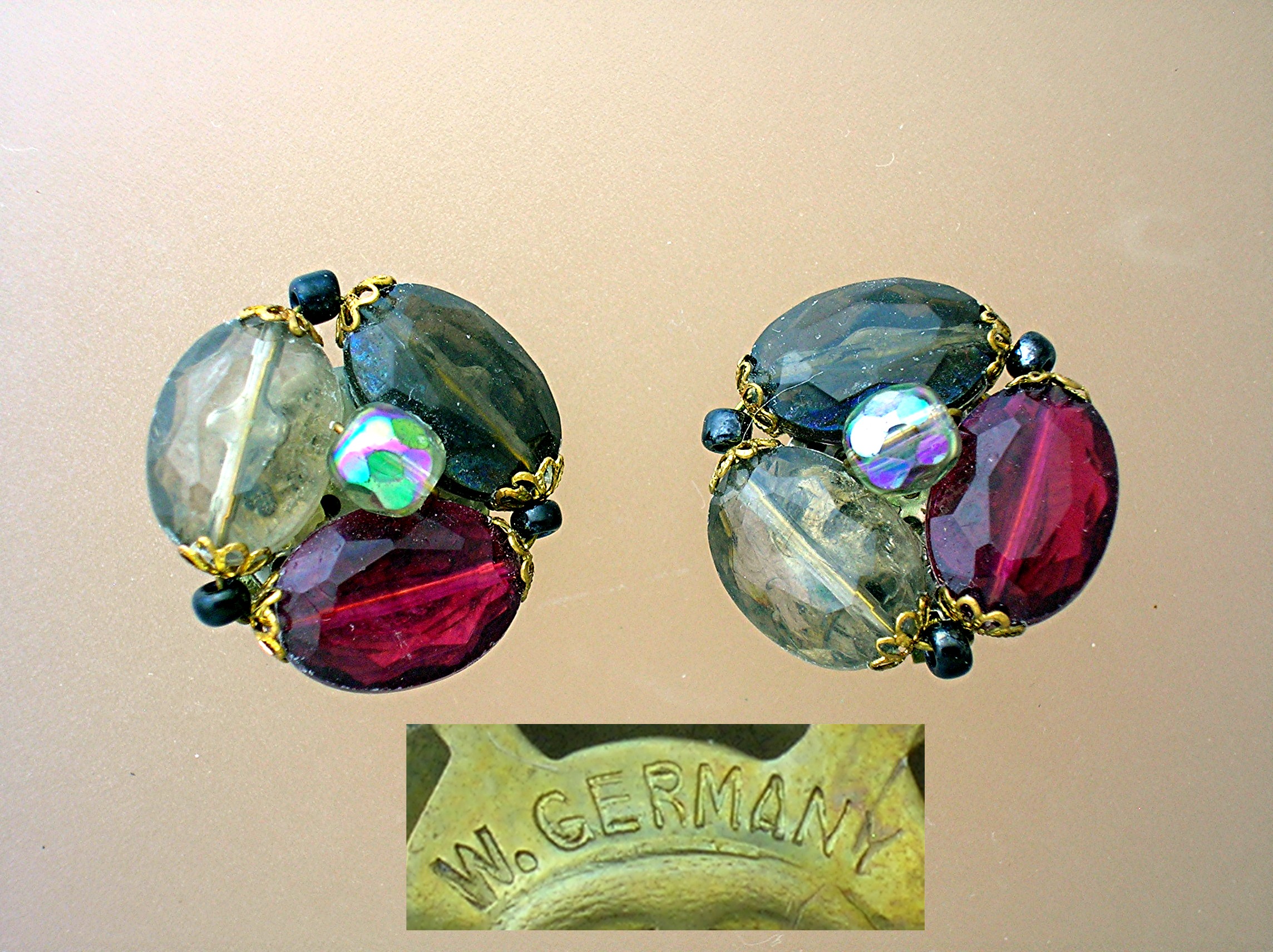 Clip Earrings Vintage West German Lucite & Glass