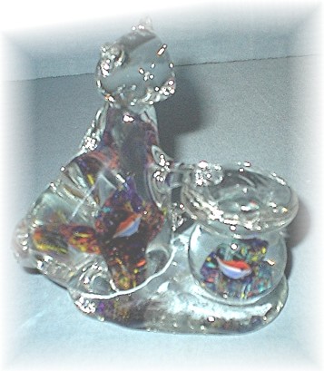 Glass Kitty With a Gold  Fish In A Bowl