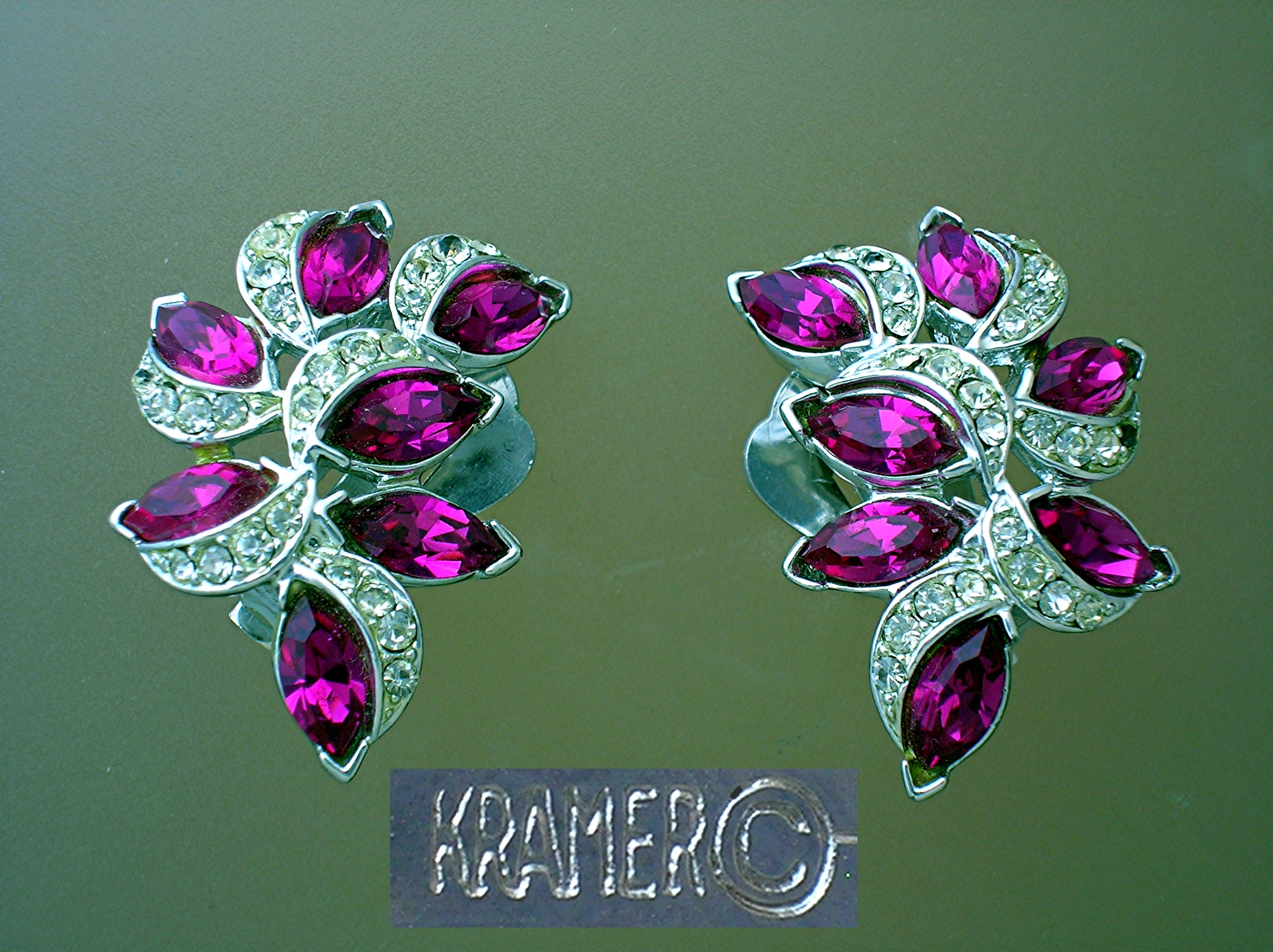 Kramer Fuchia Clear Crystal Clip Earrings