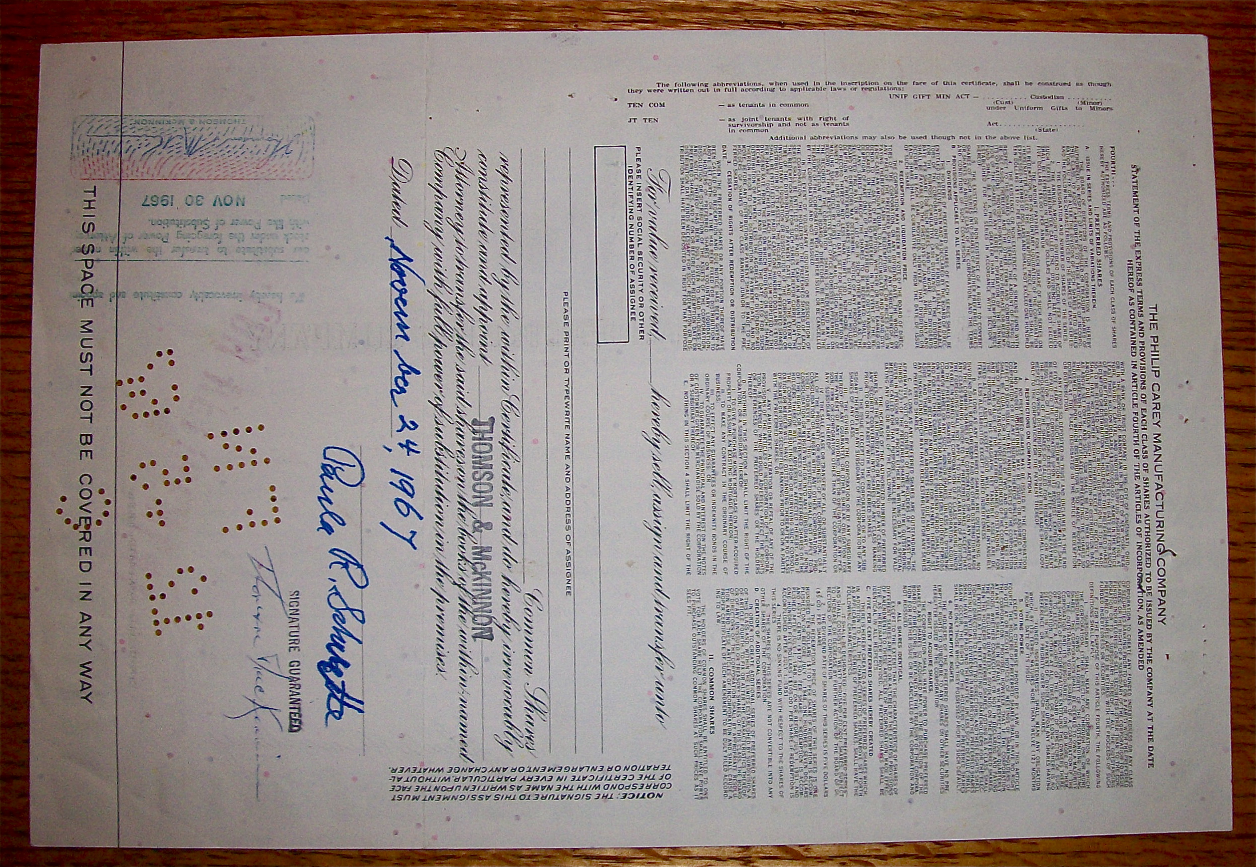1966 Philip Carey Manufacturing Co Stock Certificate