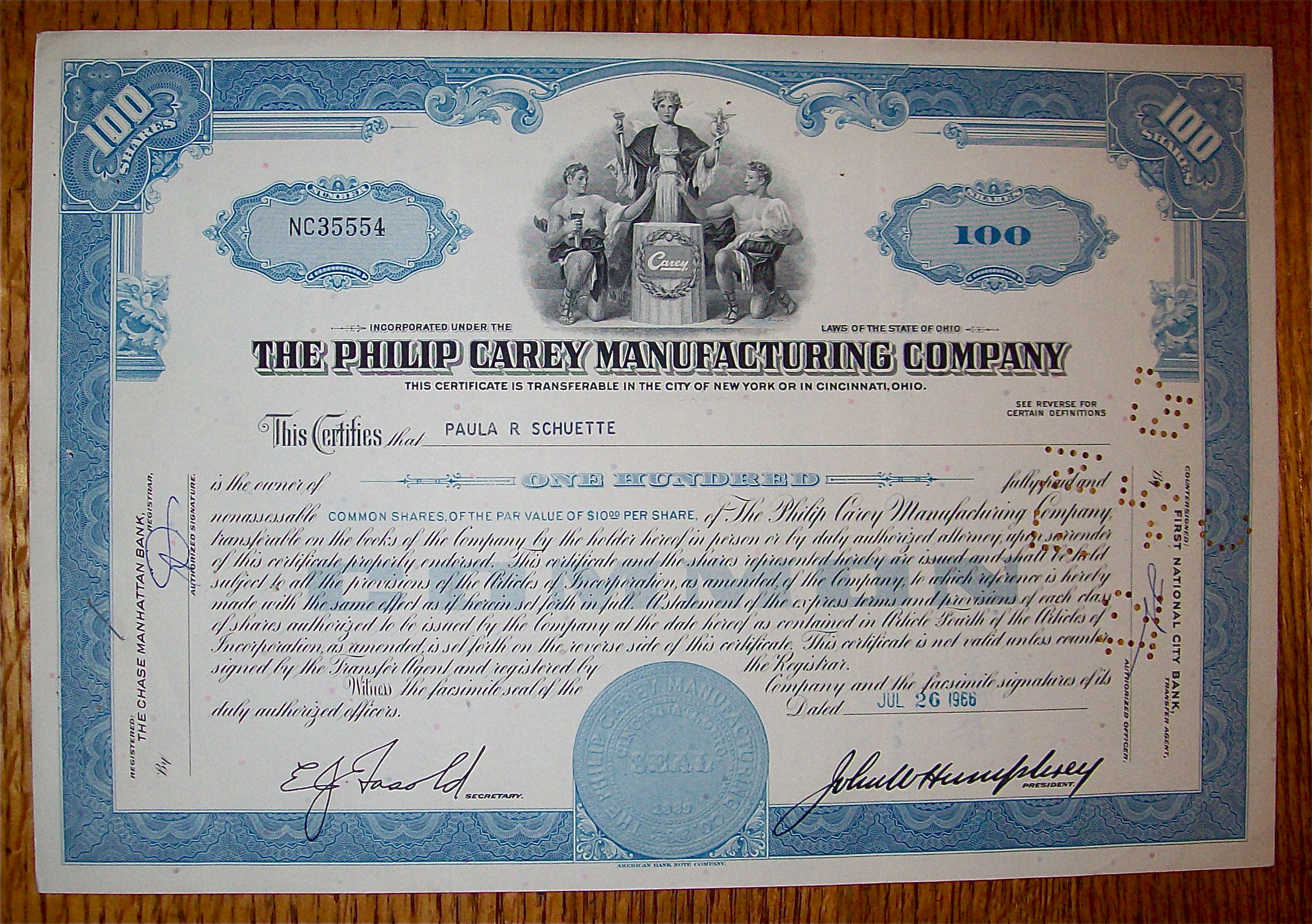 1966 Philip Carey Manufacturing Co Stock Certificate