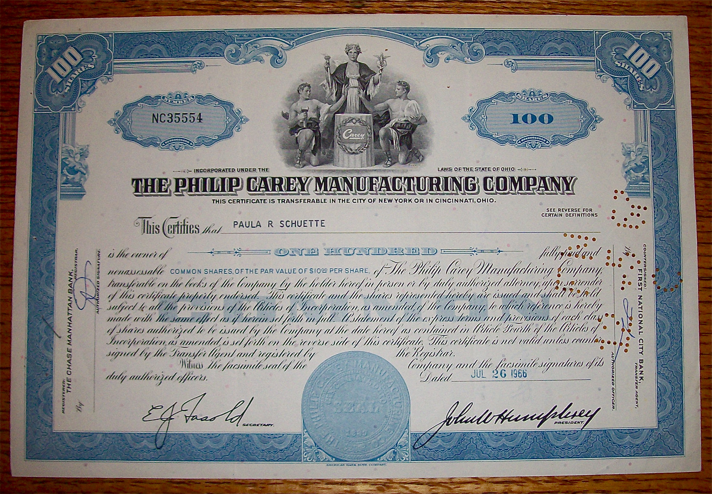 1966 Philip Carey Manufacturing Co Stock Certificate