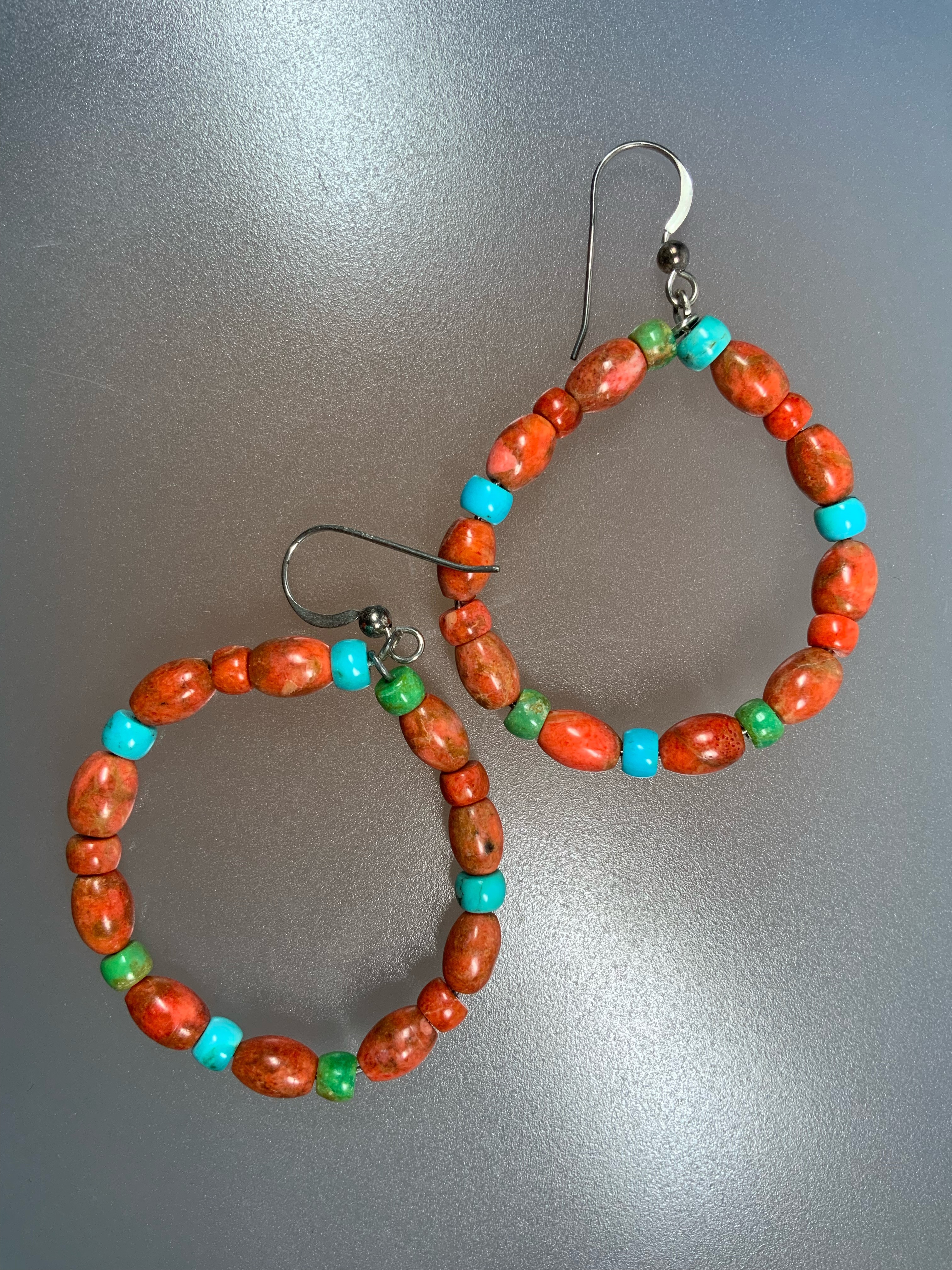 Apple Coral Turquoise Sterling Silver Hook Navajo Earri