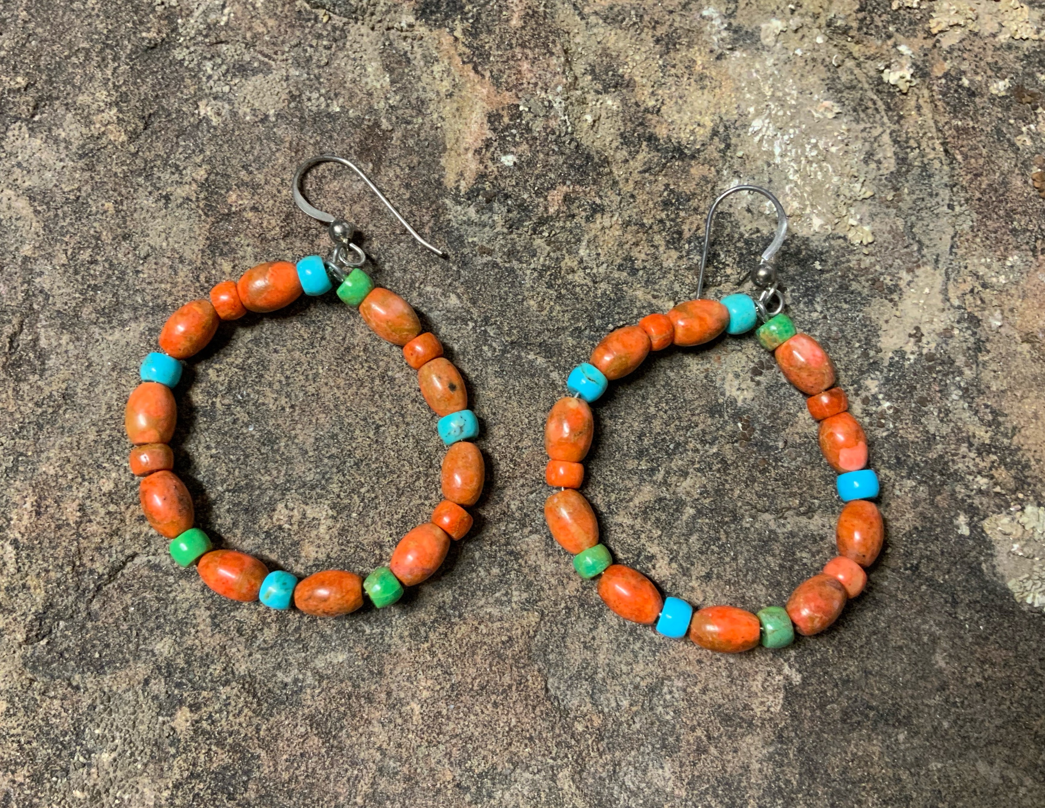 Apple Coral Turquoise Sterling Silver Hook Navajo Earri