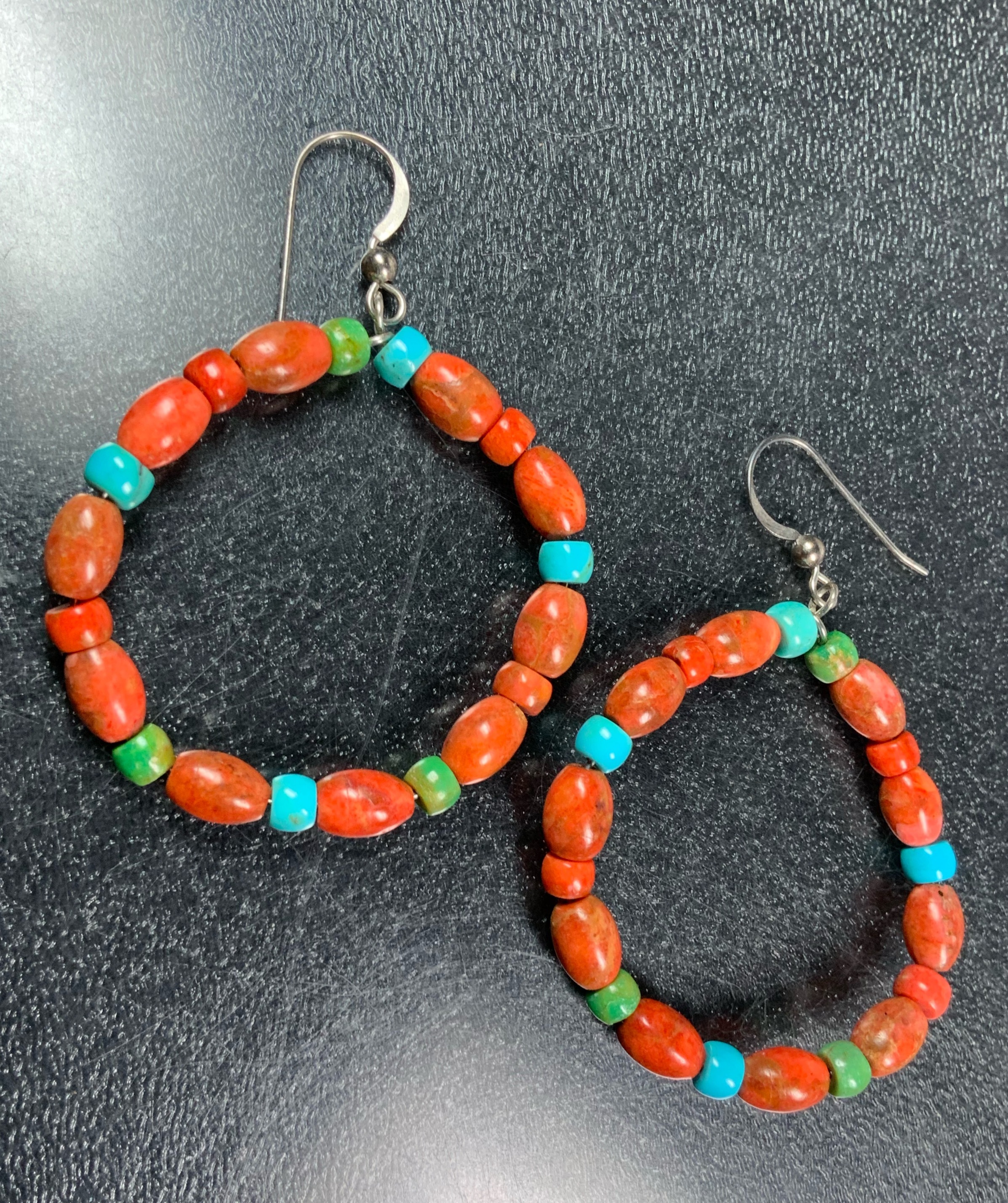 Apple Coral Turquoise Sterling Silver Hook Navajo Earri