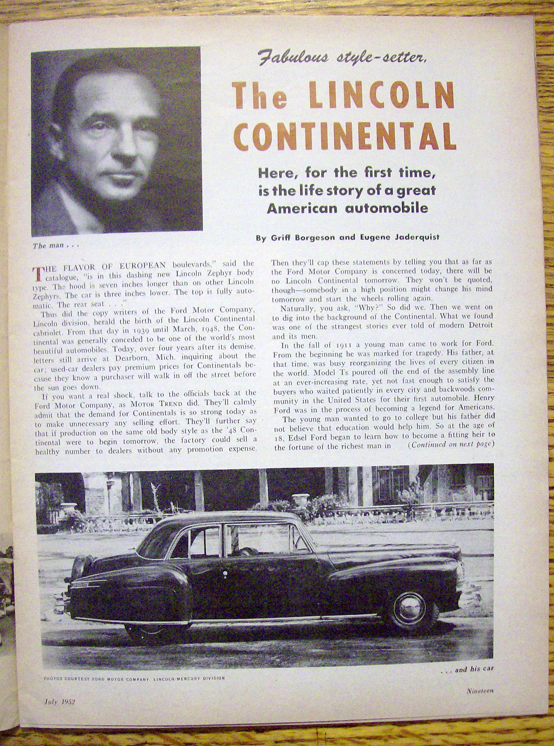 Motor Trend Magazine July 1952 Lincoln Continental