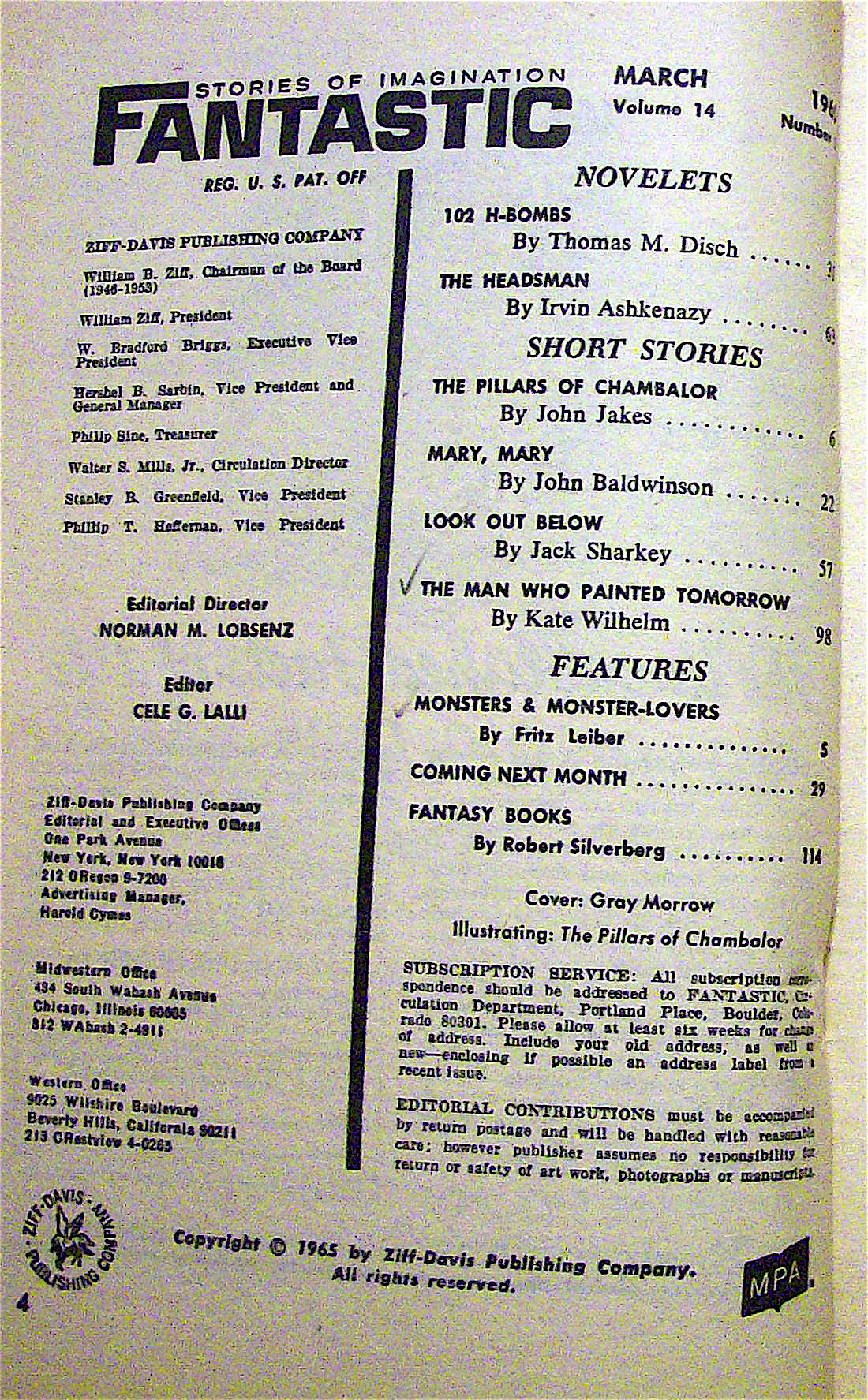 Fantastic Magazine March 1965 Pillars Of Chambalor