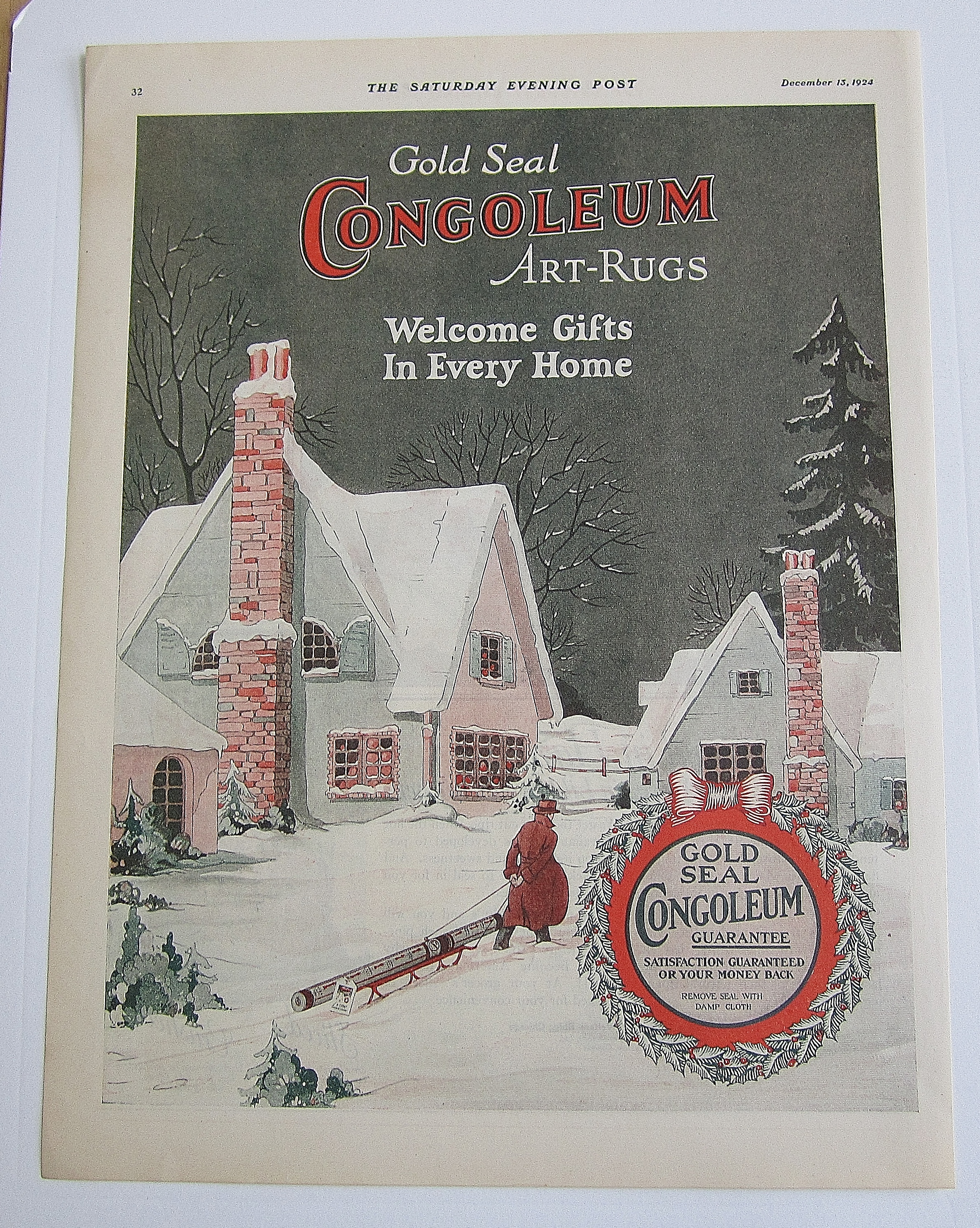 1924 Congoleum Rugs With Man & Rug On Sled