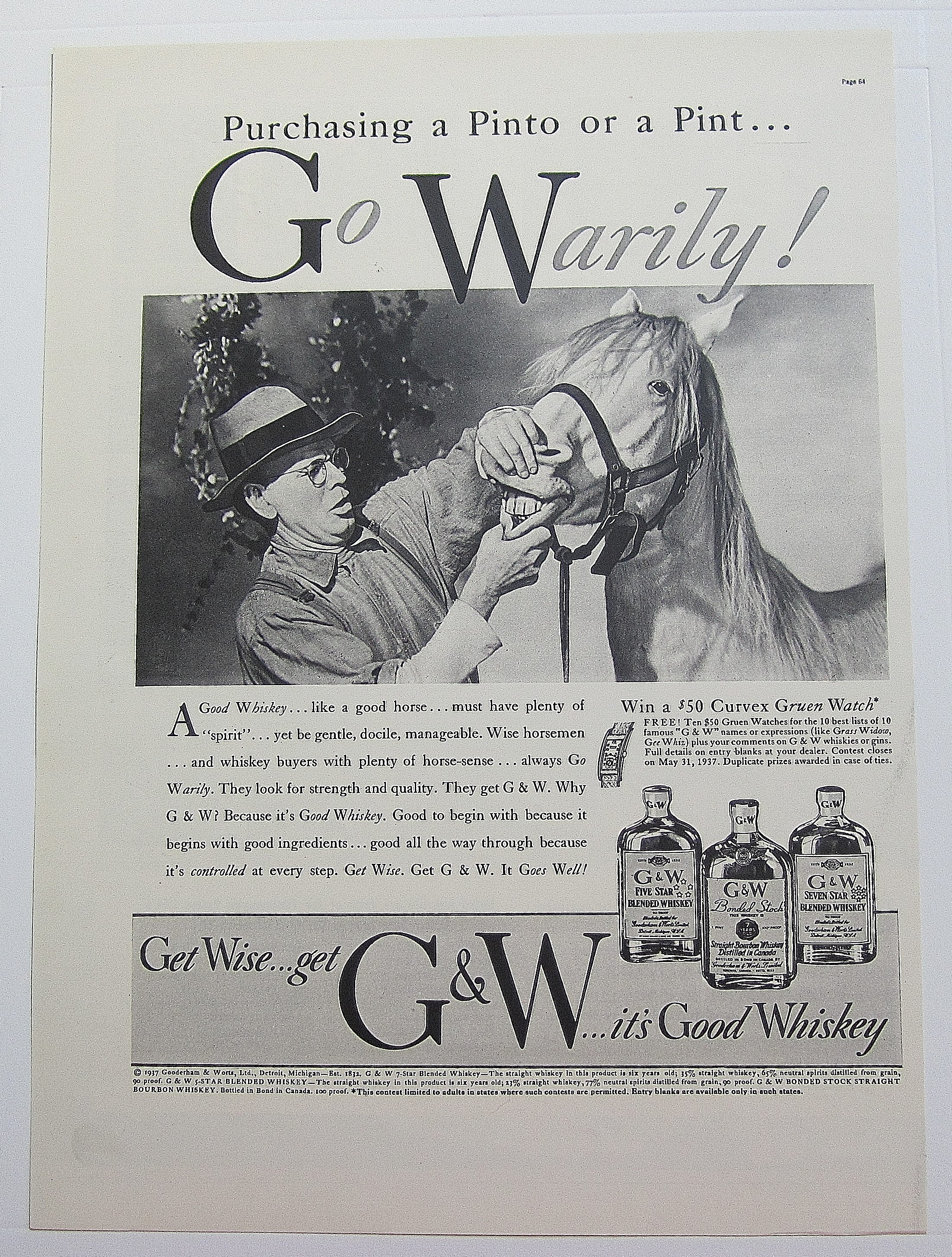 1937 G & W Whiskey With Man Looking At Horse's Teeth
