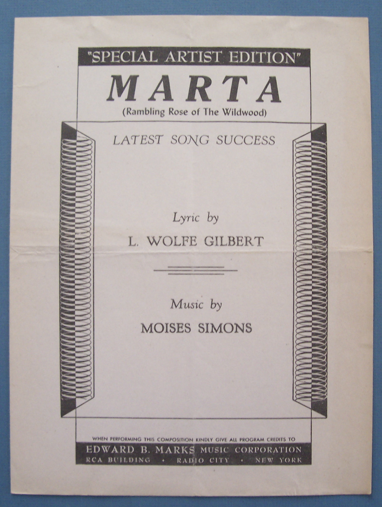 Sheet Music For 1932 Marta (Rambling Rose)