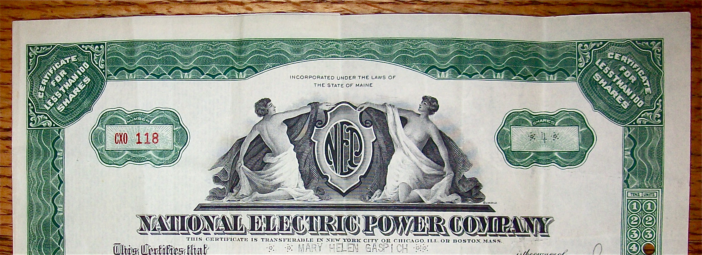 1930 National Electric Power Company Stock Certificate