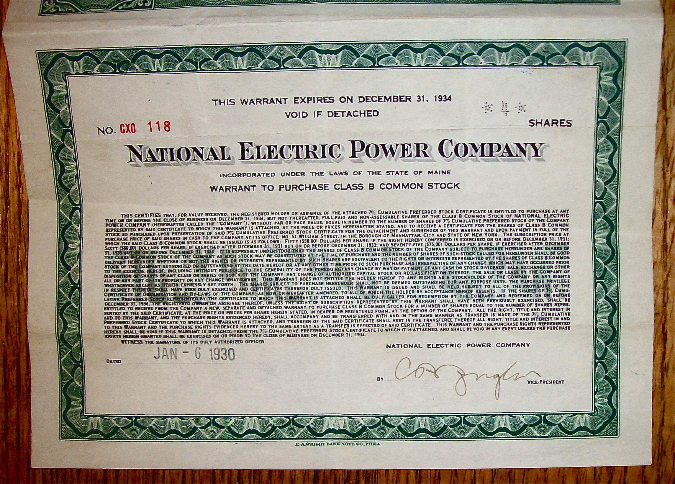 1930 National Electric Power Company Stock Certificate