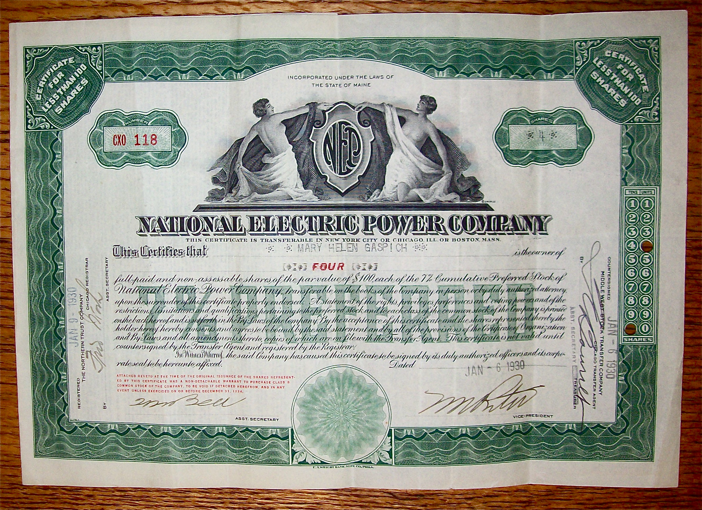 1930 National Electric Power Company Stock Certificate