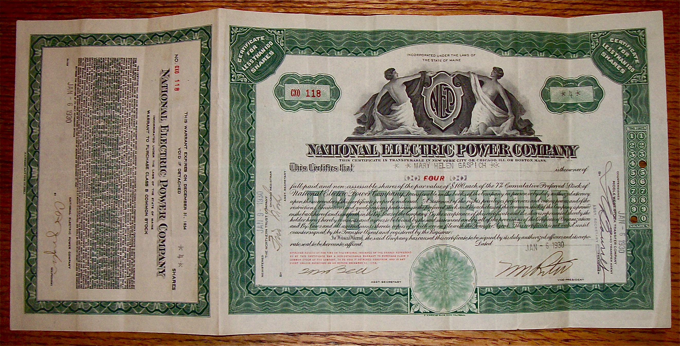 1930 National Electric Power Company Stock Certificate