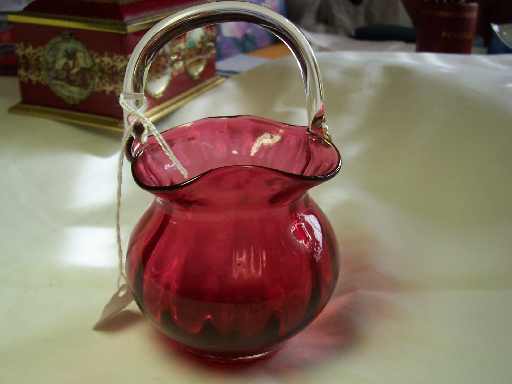 Cranberry Glass Basket Melon Shaped