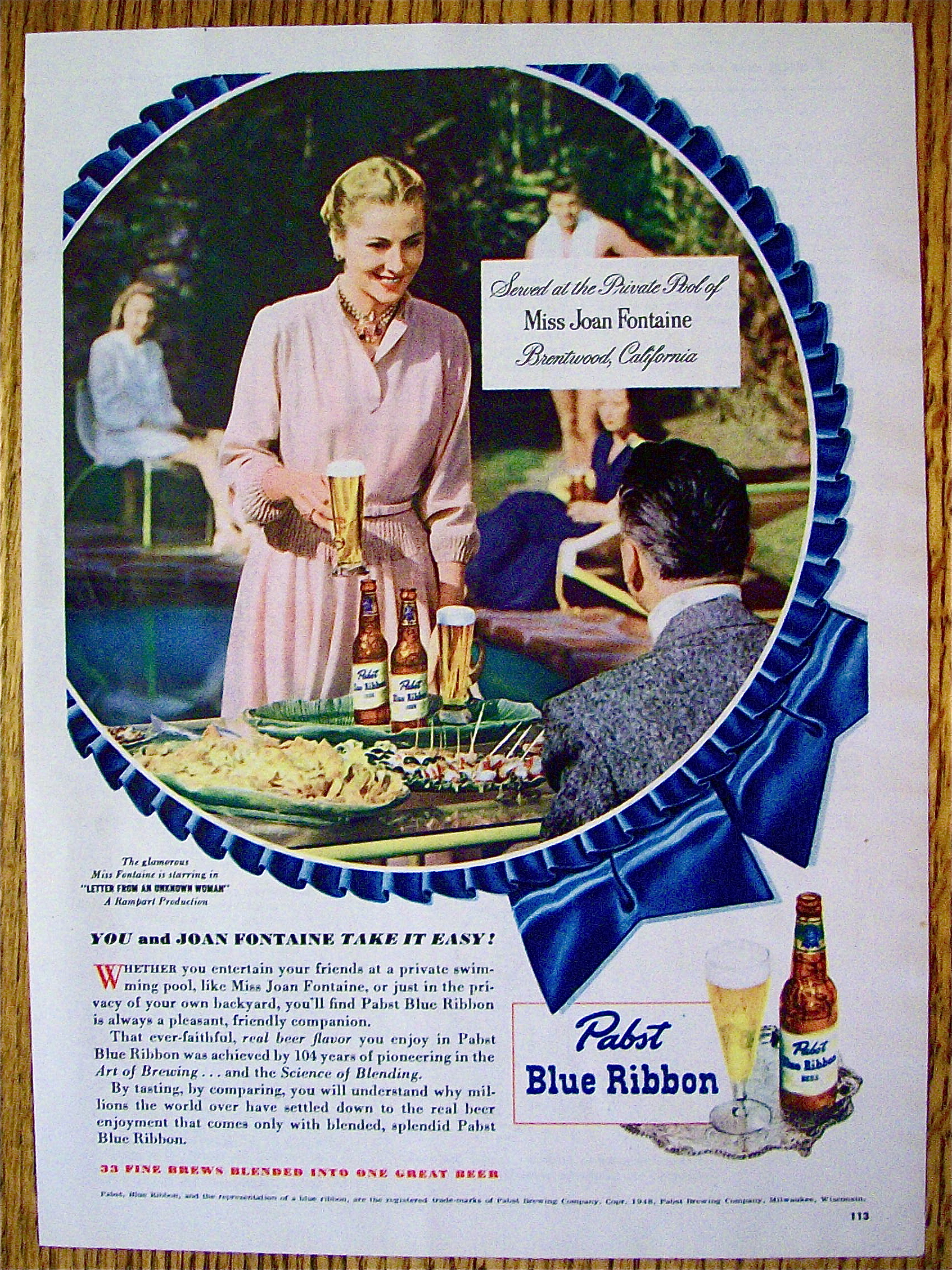 1948 Pabst Blue Ribbon Beer with Miss Joan Fontaine