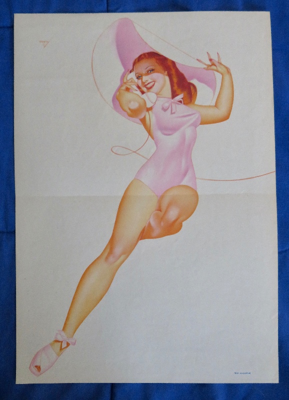 Original 1945 Sexy Red Haired Pin Up Girl Wearing Pink Outfit & Pink Hat While Talking On Telephone By George Petty