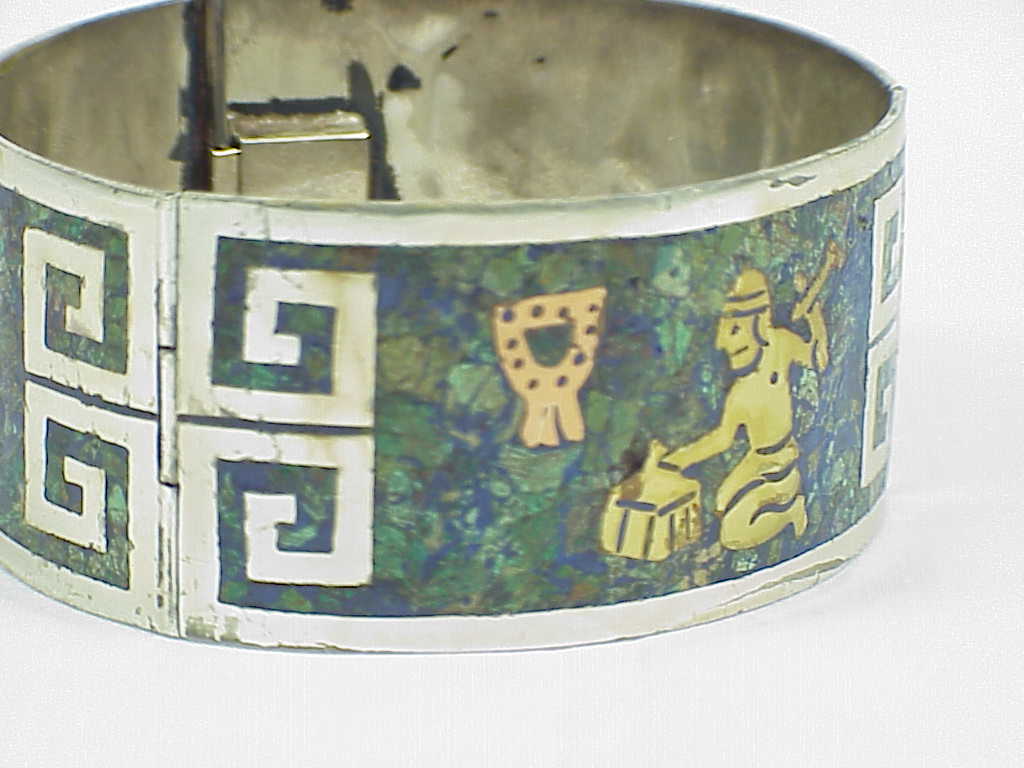 Signed Eagle 3 Mexican Sterling Silver Mixed Metals Mosaic Bracelet