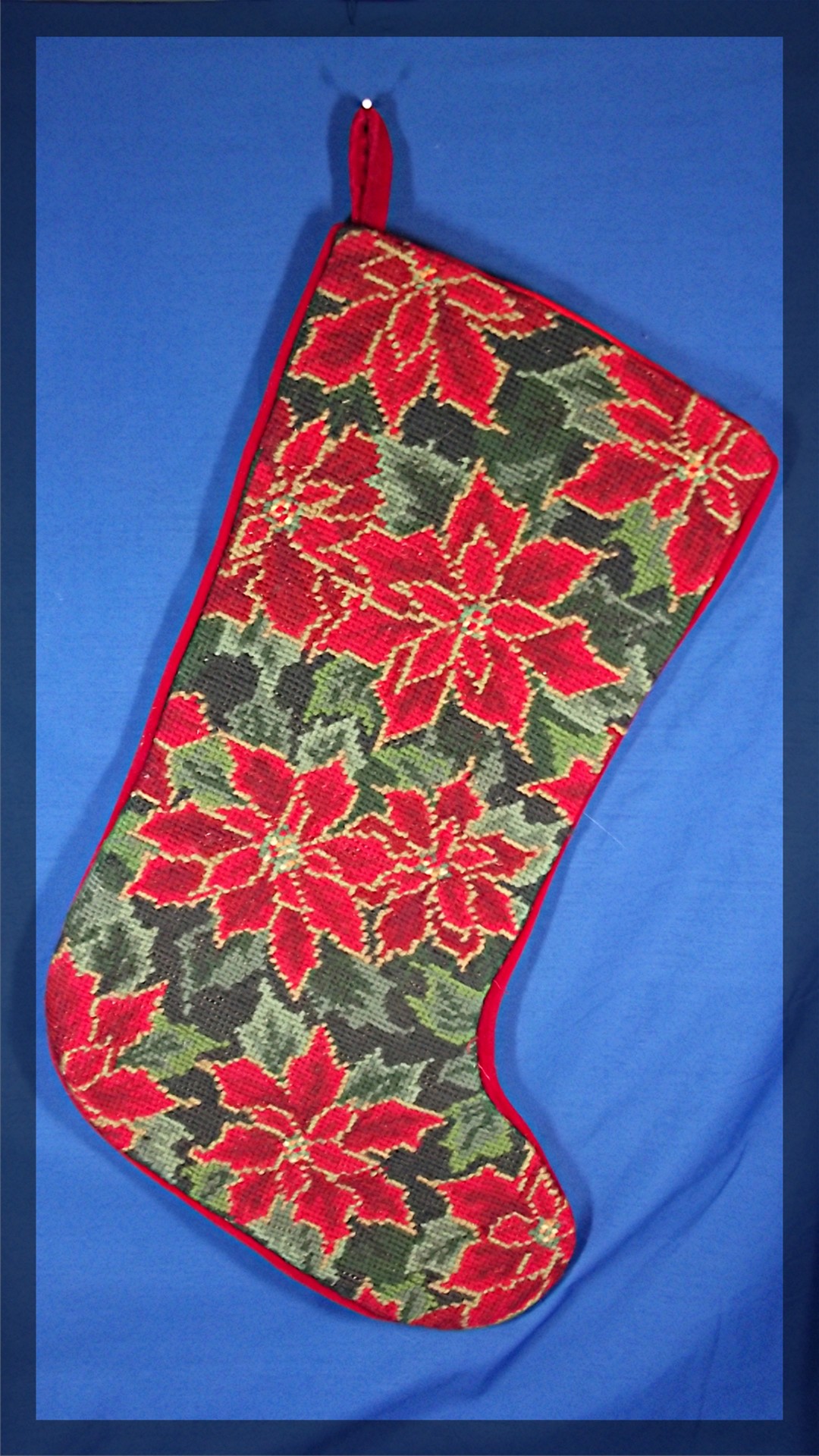 Christmas Stocking, hand made, Poinsettia, cross stitch