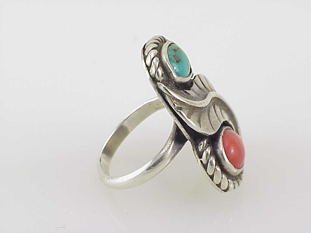Vintage Native American Turquoise And Coral Sterling Silver Ring