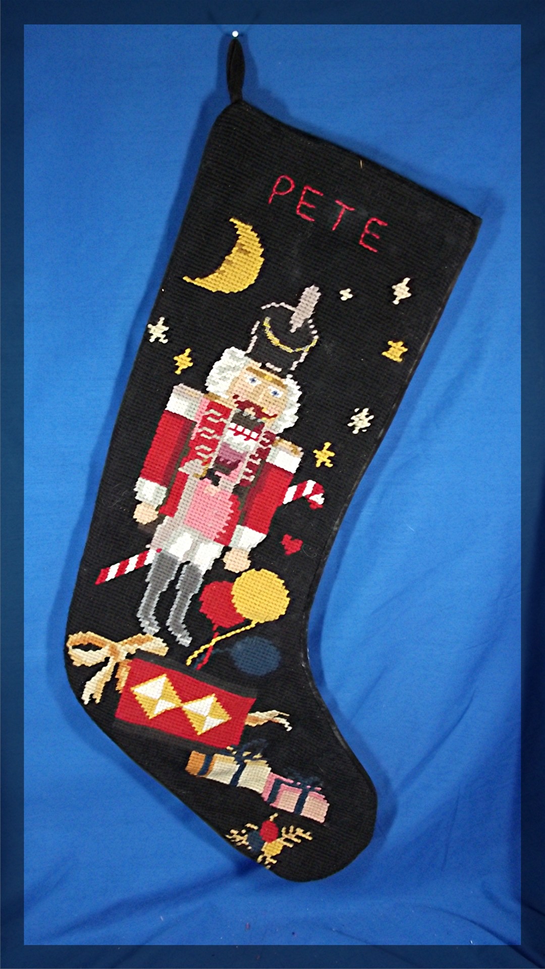 Christmas Stocking, hand made, Nut Cracker, cross stitc