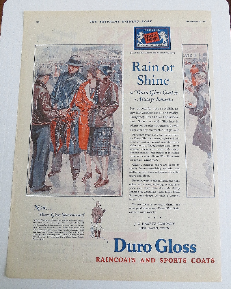 1927 Duro Gloss Raincoats With People Talking In Rain