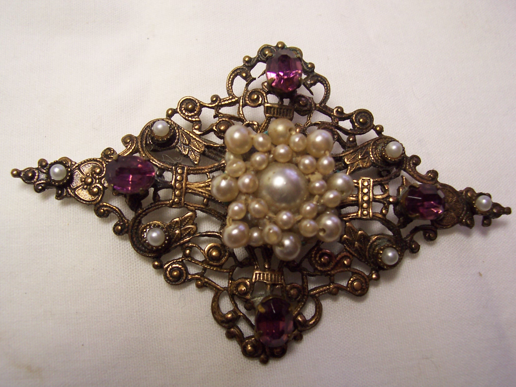Art Deco Pin Copper Filigree Faux Pearl Rhine