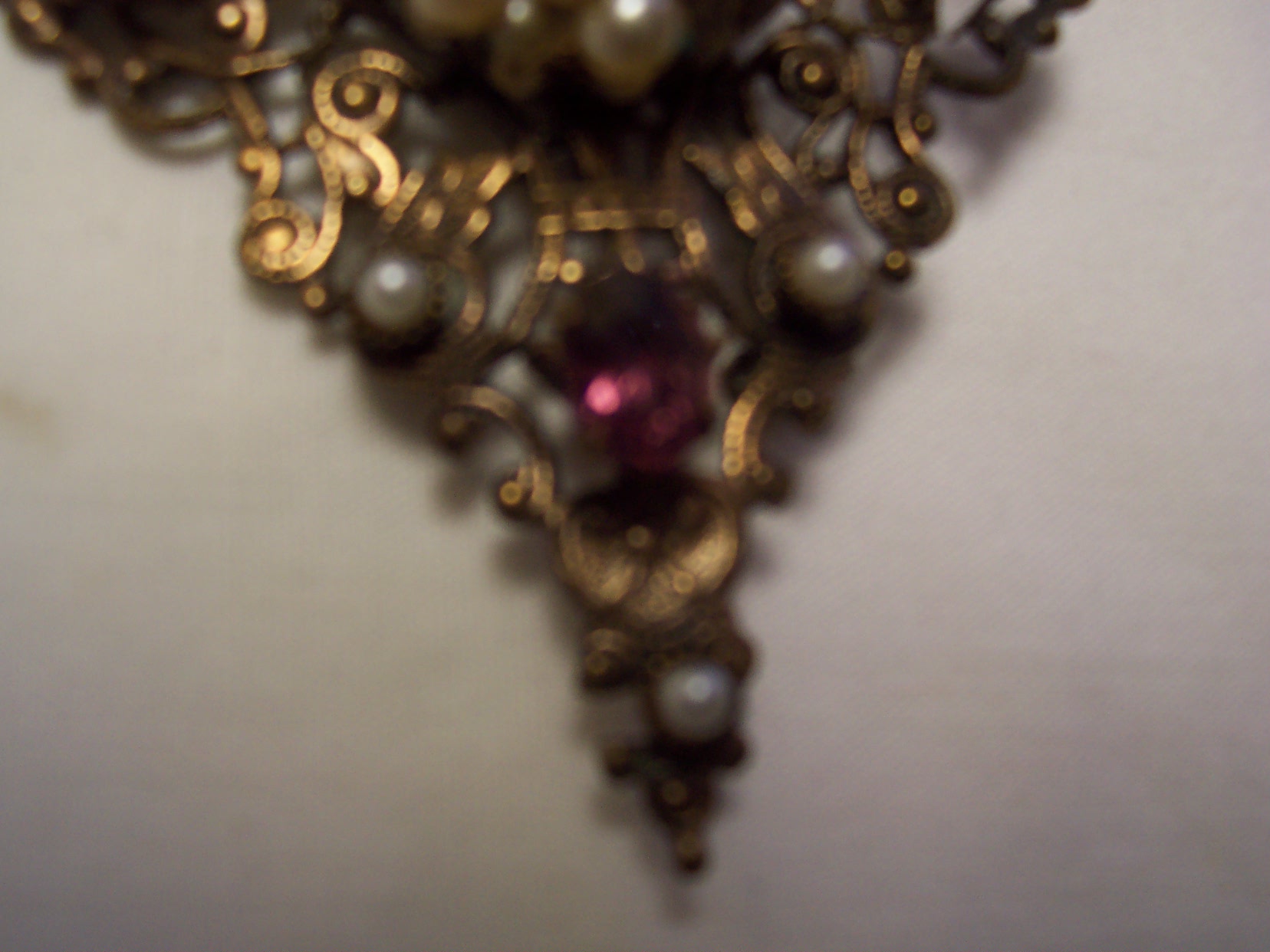 Art Deco Pin Copper Filigree Faux Pearl Rhine