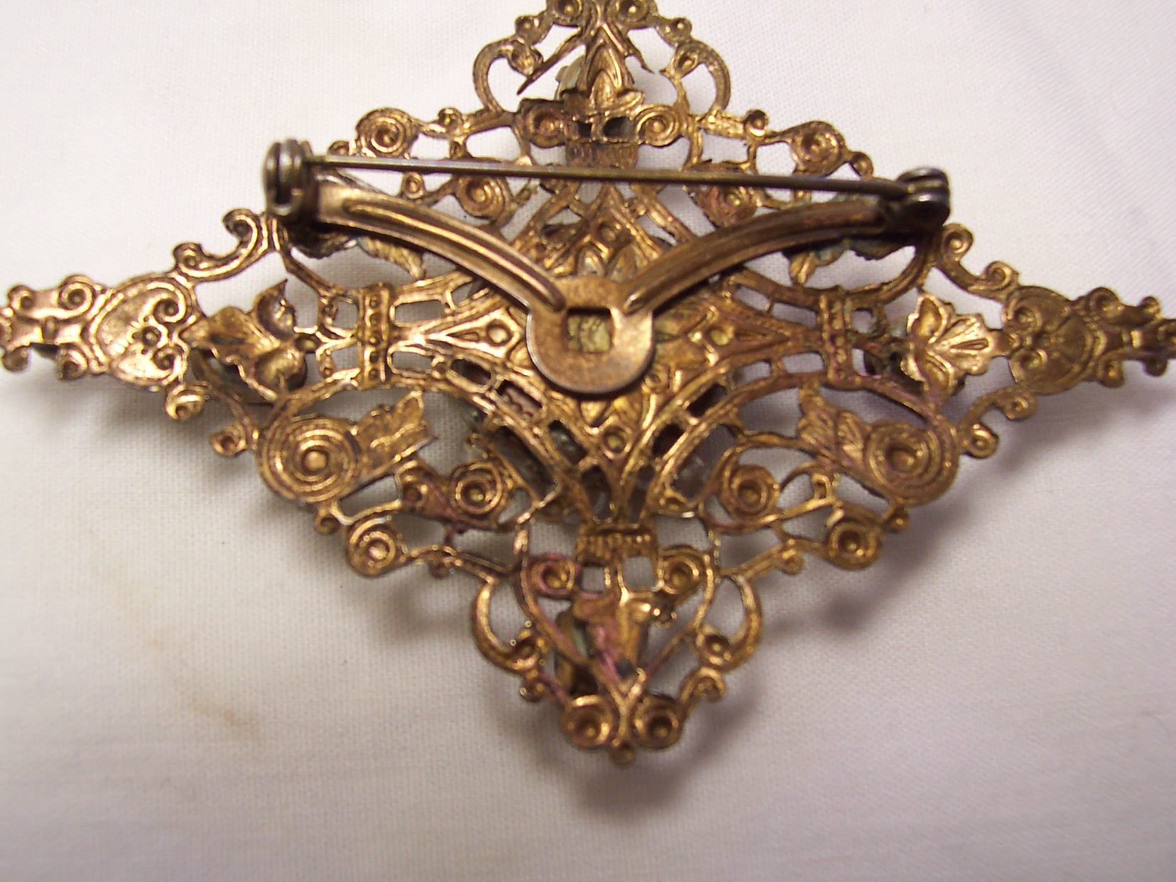 Art Deco Pin Copper Filigree Faux Pearl Rhine