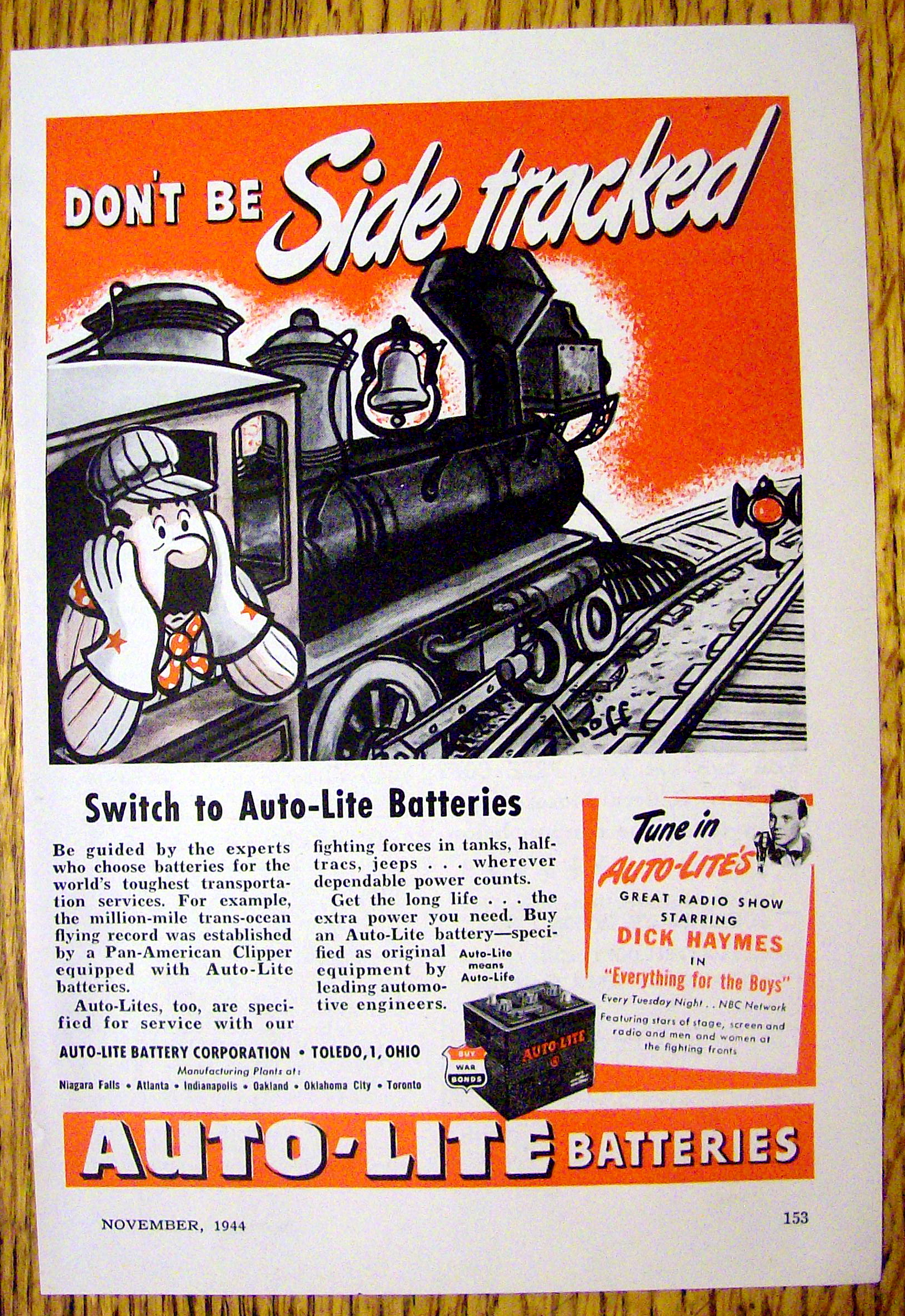 1944 Auto Lite Batteries w/Man In Train By Hoff