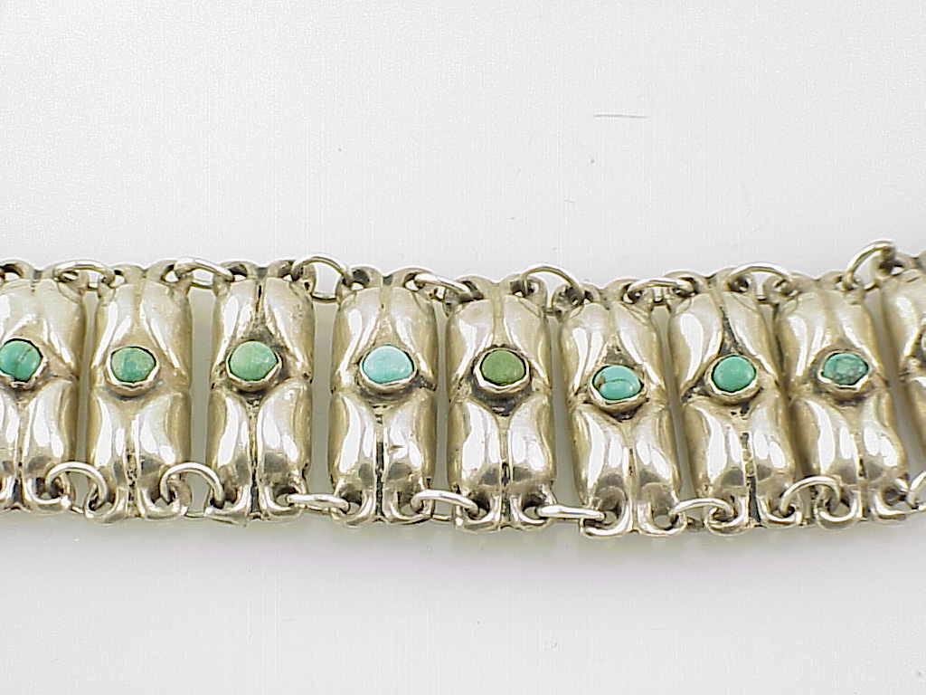 Vintage 1940'S Mexican Sterling Silver & Turquoise Link Bracelet
