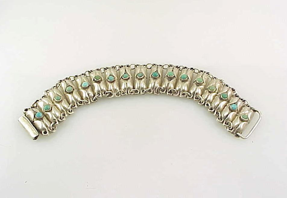 Vintage 1940'S Mexican Sterling Silver & Turquoise Link Bracelet
