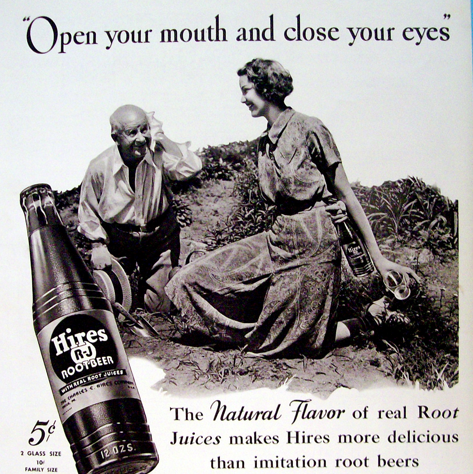 1937 Hires Root Beer with Man Digging & Woman Watches