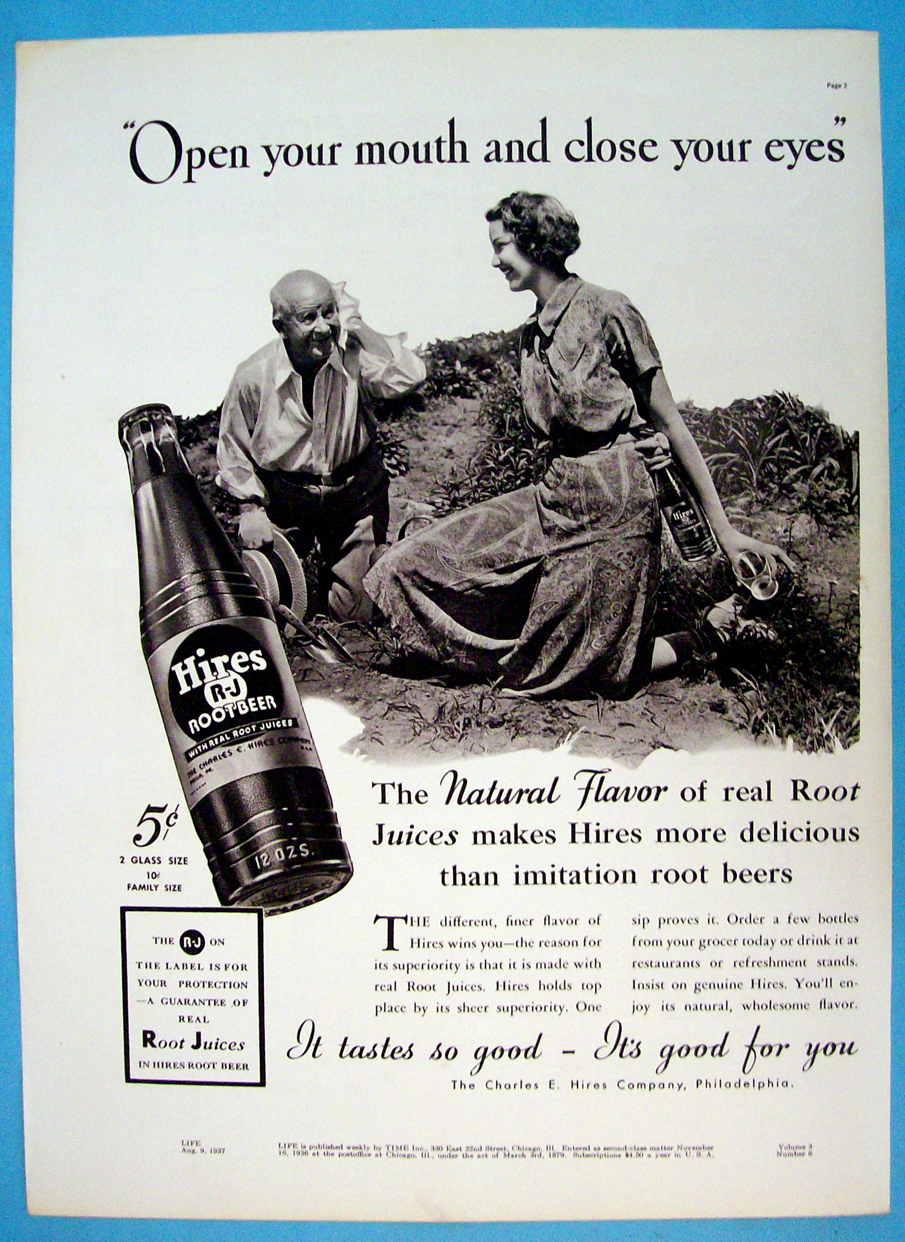 1937 Hires Root Beer with Man Digging & Woman Watches